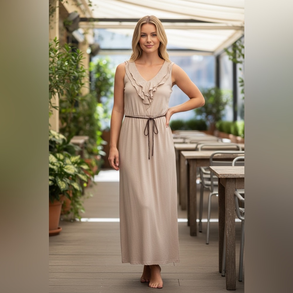 Beige Maxi Sleeveless Dress with Brown Belt Women’s